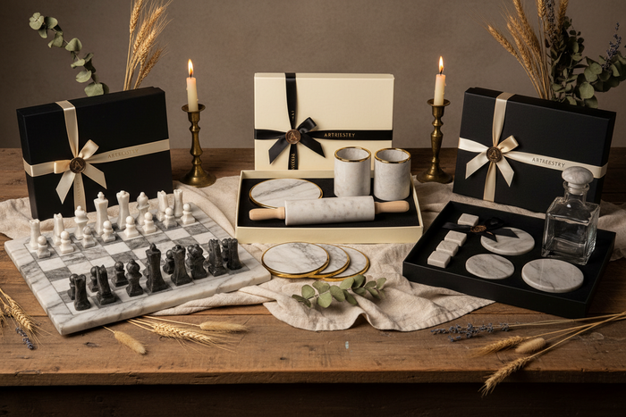 Curated luxury marble gift sets wrapped in premium packaging
