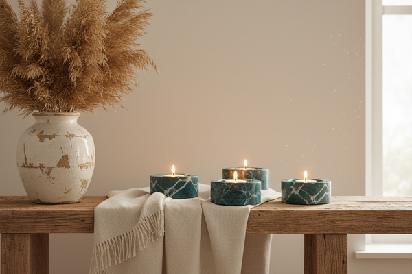 Marble candle holders and vase styled on a living room shelf in a new home