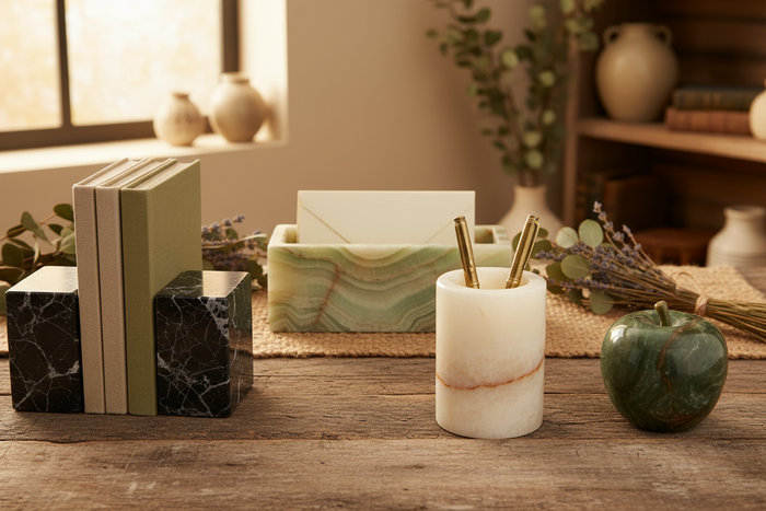 Marble office and desk accessories styled on a workspace desk