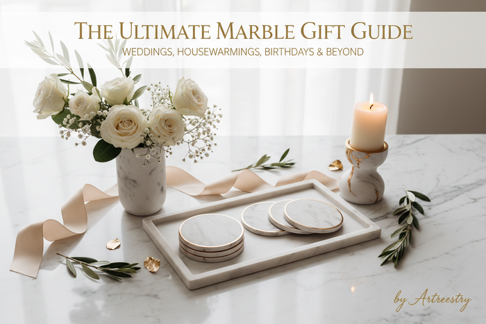 Marble gift pieces styled for weddings and housewarmings