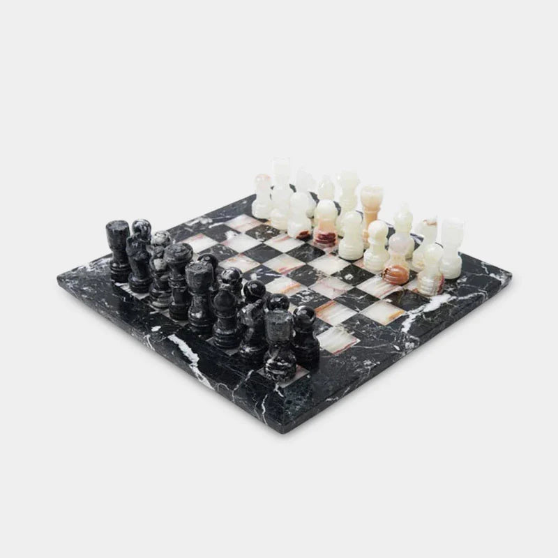 30cm Chess Set - Black Zebra & White Onyx