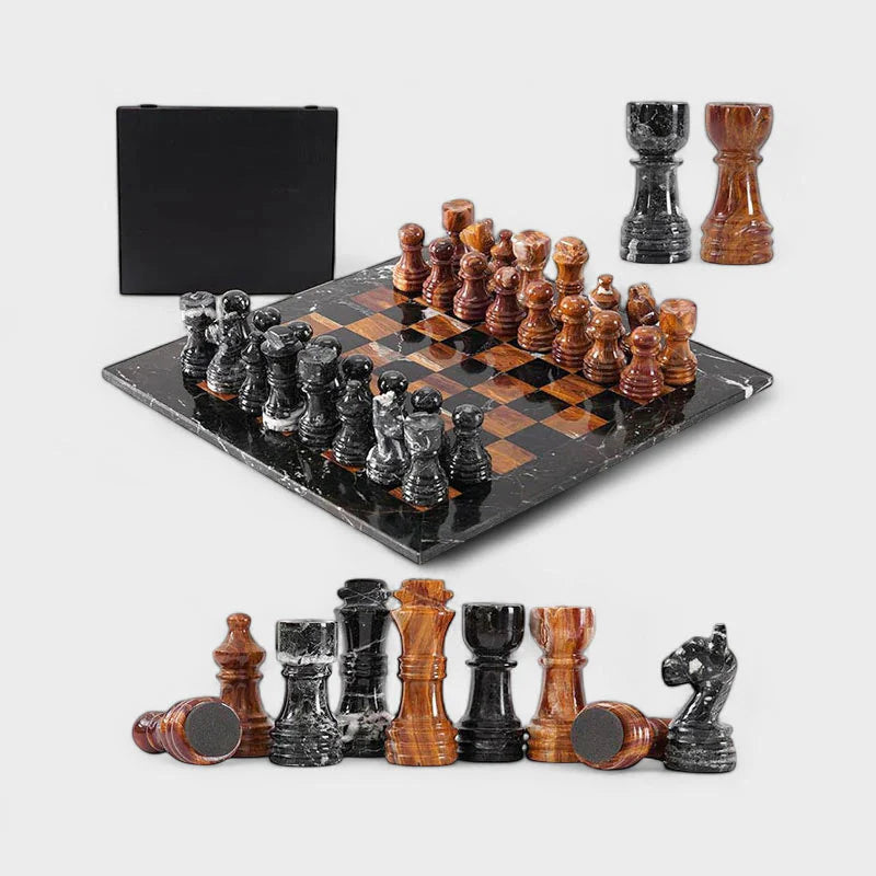 30cm Chess Set With Storage Box - Black Zebra & Red