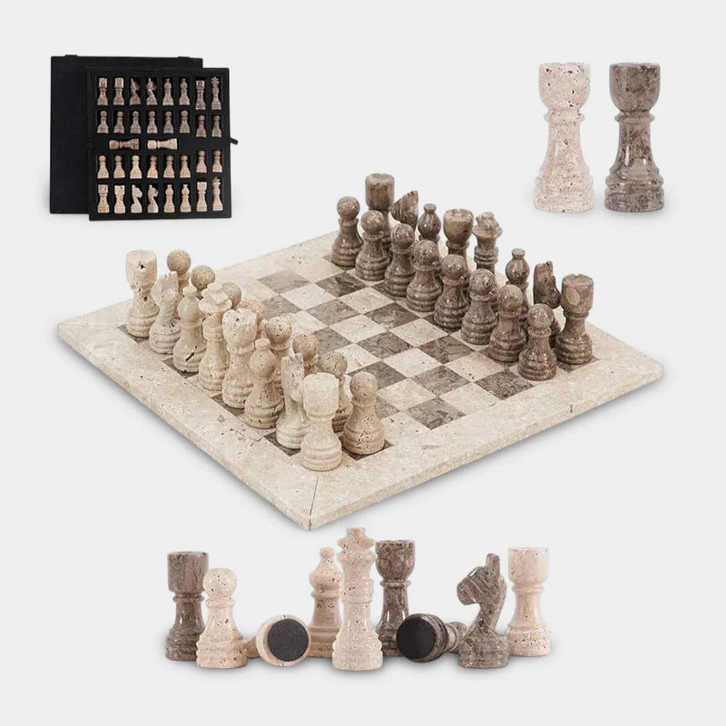 30cm Chess Set With Storage Box - Travertine & Oceanic