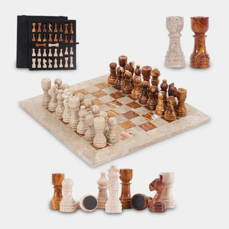 30cm Chess Set With Storage Box - Travertine & Red