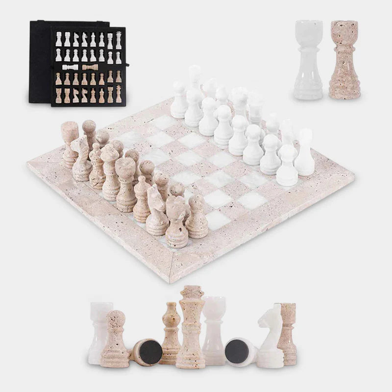 30cm Chess Set With Storage Box - Travertine and White