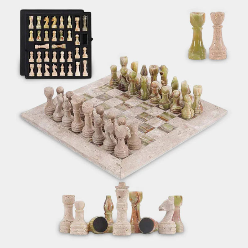38cm Chess Set With Storage Box - Travertine & Green