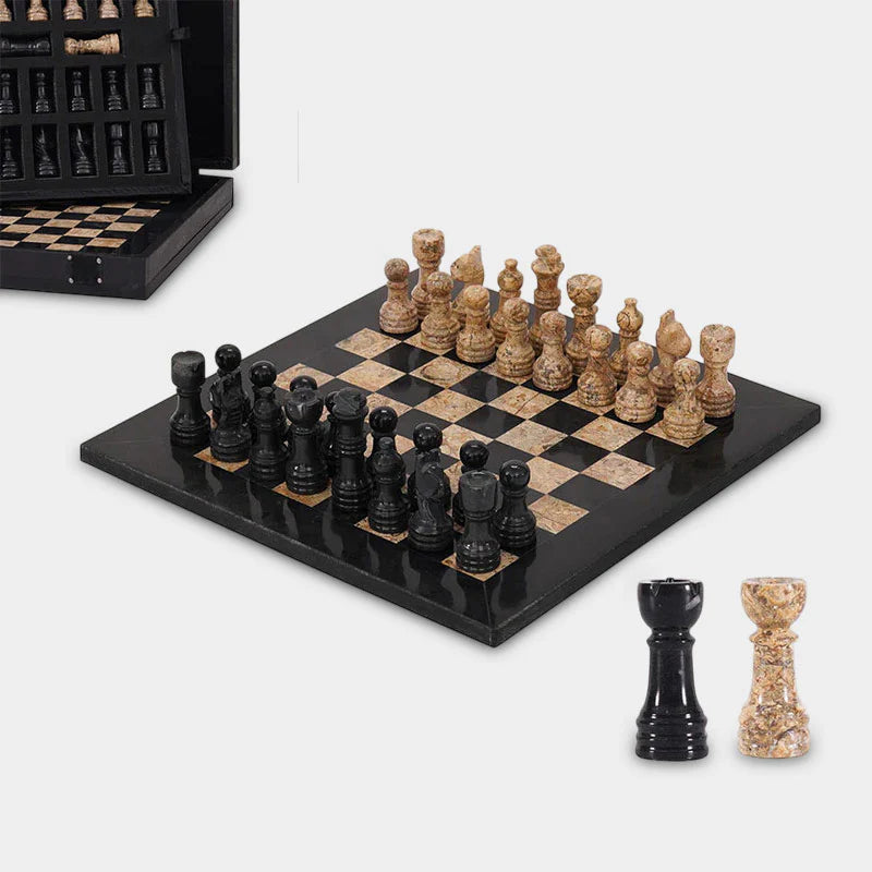 Marble 25cm Chess Set Black & Coral