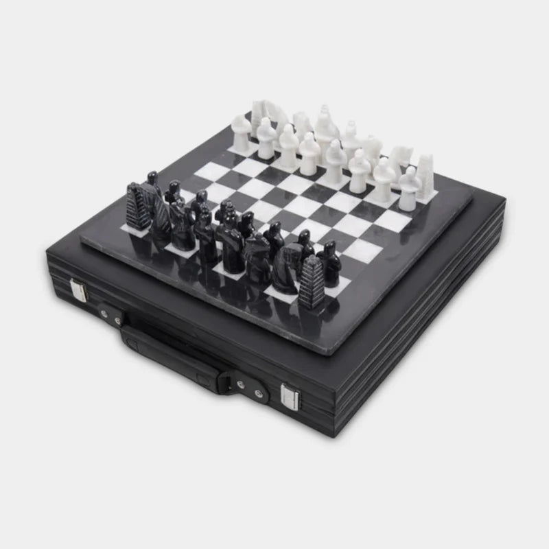 Marble 15 Inch Chess Set - Black & White Special Edition