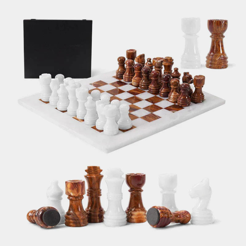 Marble 38cm Chess Set With Storage Box - White & Red