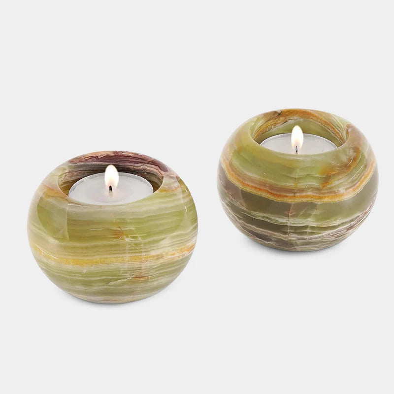 Marble Tea Light Candle Holder Set of 2 - Green