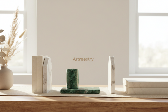 Marble pen holder and bookends styled on a minimalist designer desk