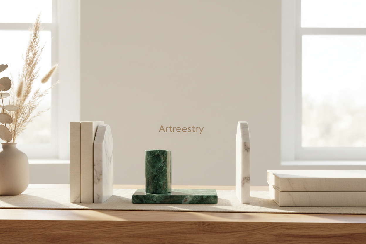 Marble pen holder and bookends styled on a minimalist designer desk