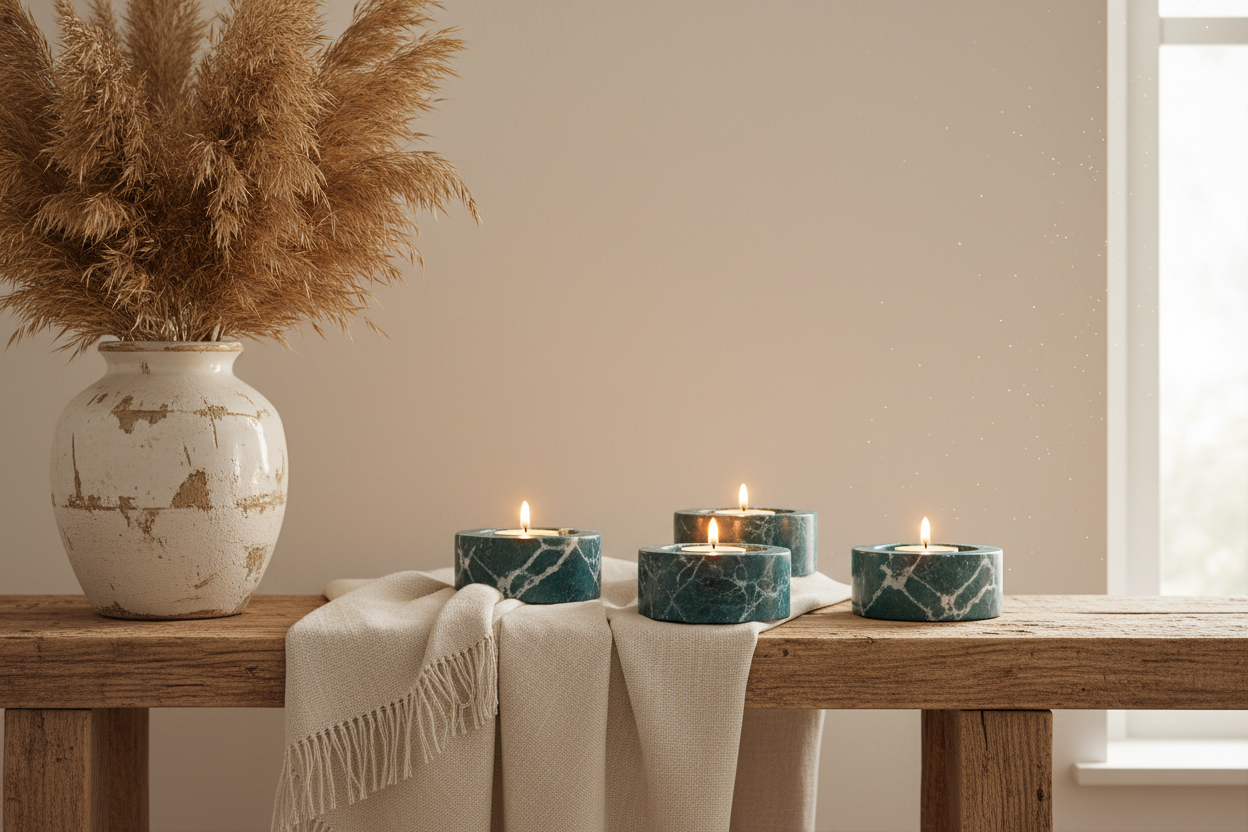 Marble candle holders and vase styled on a living room shelf in a new home