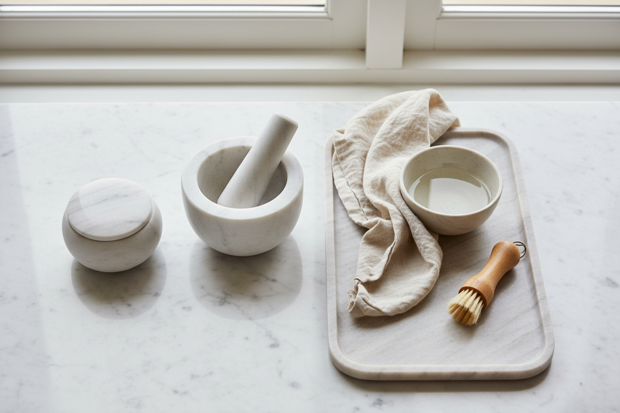 How to Clean Marble Kitchen Accessories - Mortar, Salt Cellar, Tray and More