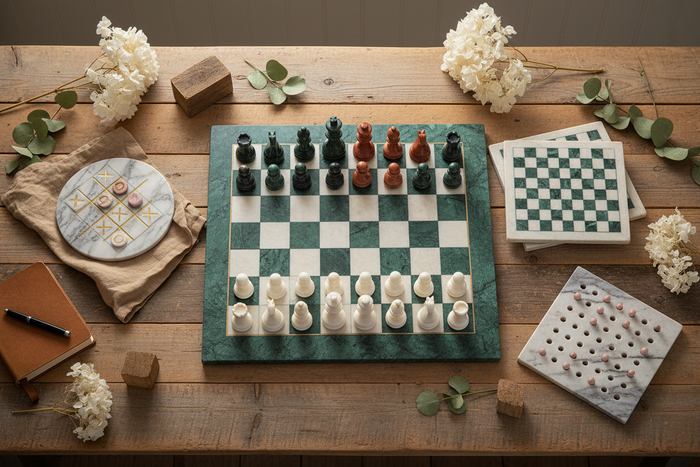 Marble chess sets in two sizes, 25cm and 38cm