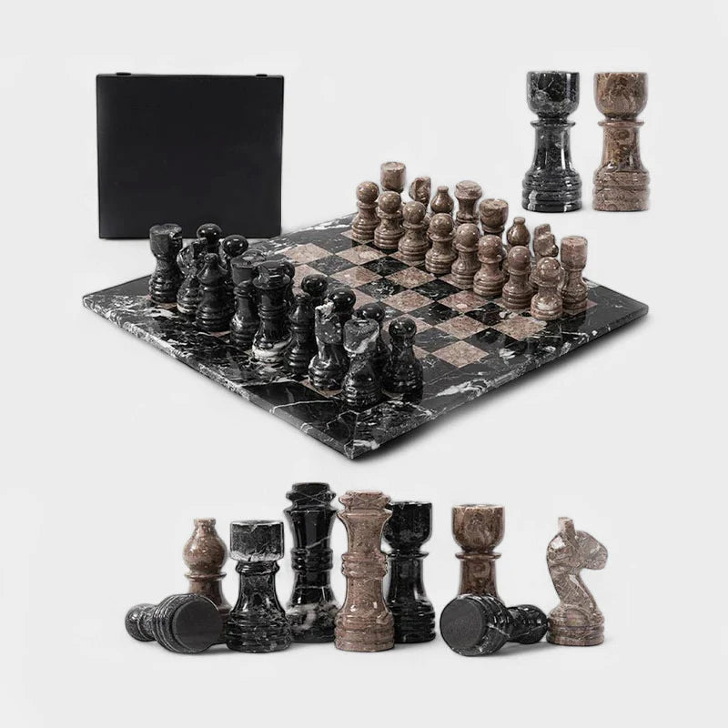 30cm Chess Set With Storage Box - Black Zebra & Oceanic