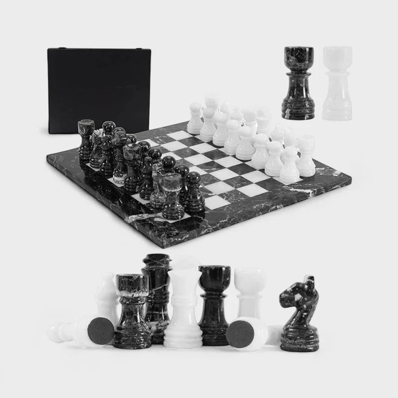 30cm Chess Set With Storage Box - Black Zebra & White