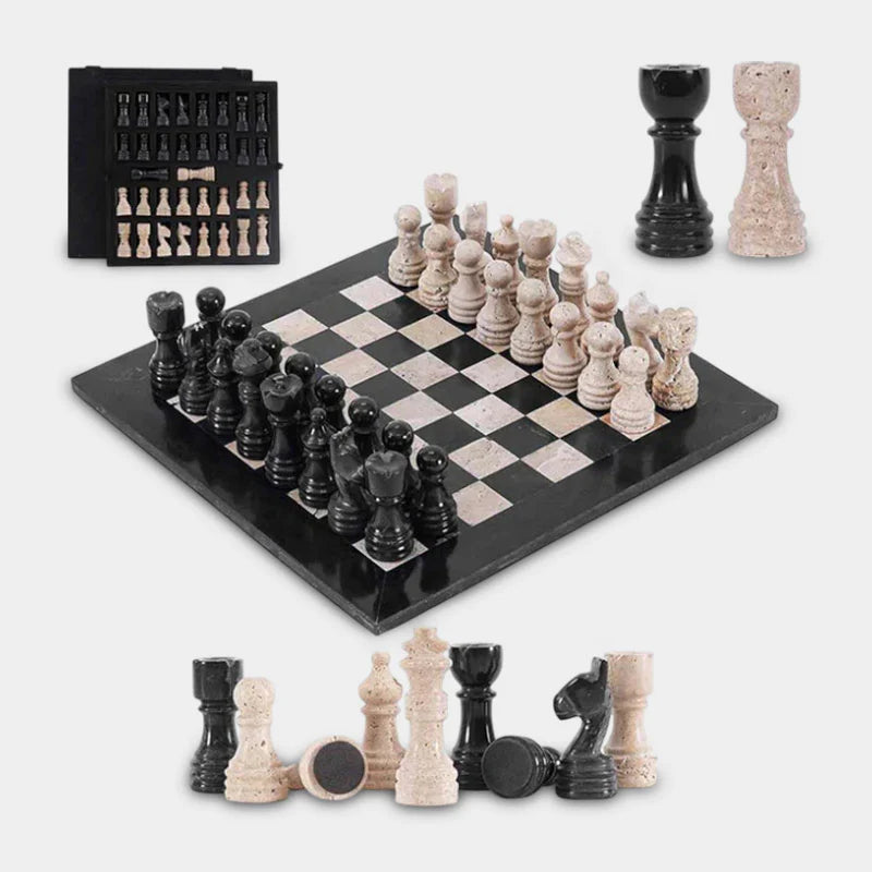 30cm Chess Set With Storage Box - Black & Travertine