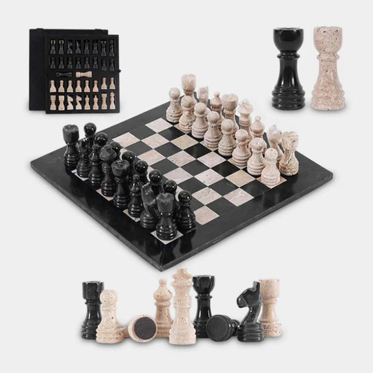 30cm Chess Set With Storage Box - Black & Travertine