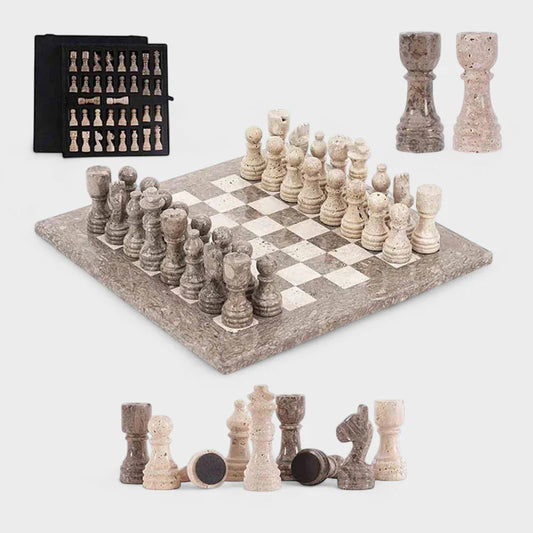 30cm Chess Set With Storage Box - Oceanic & Travertine