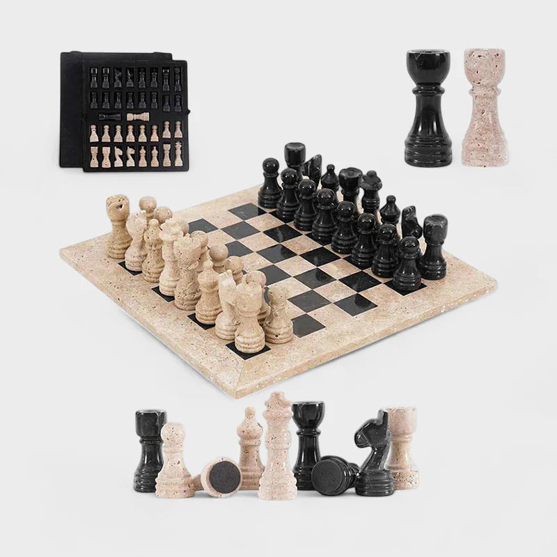 30cm Chess Set With Storage Box - Travertine & Black