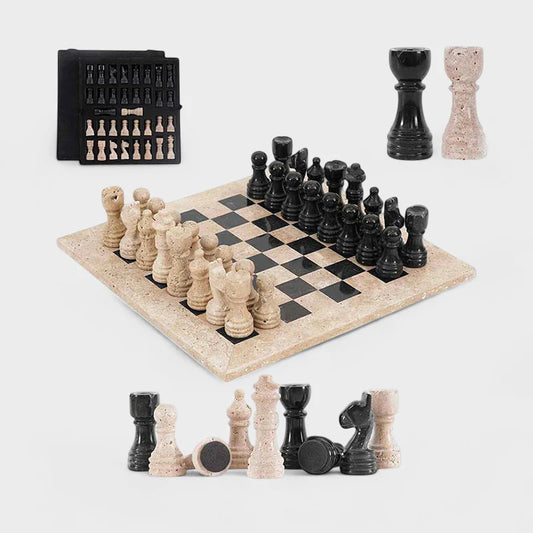 30cm Chess Set With Storage Box - Travertine & Black