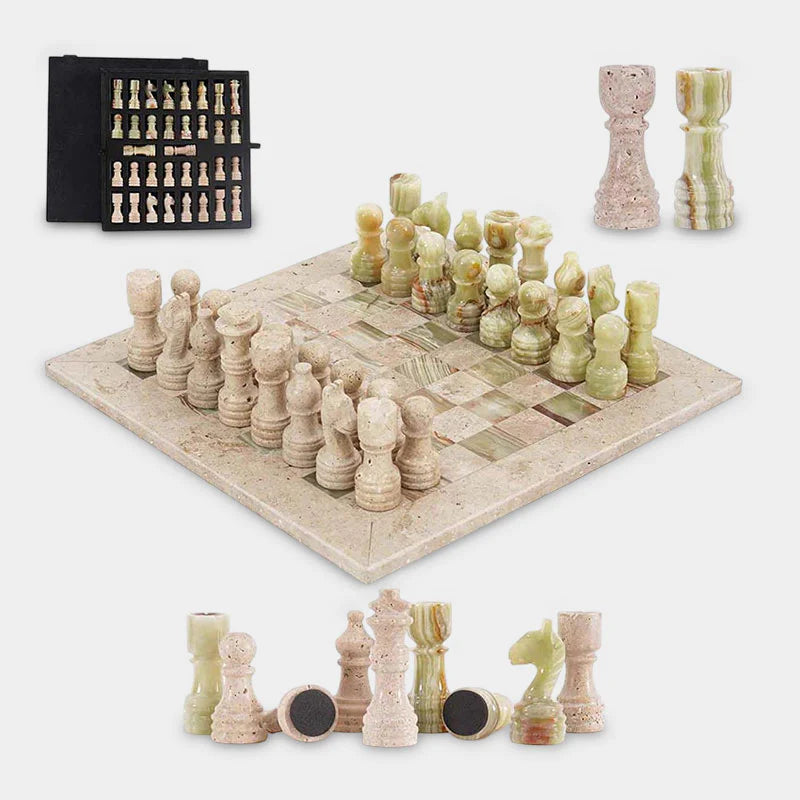 30cm Chess Set With Storage Box - Travertine & Green