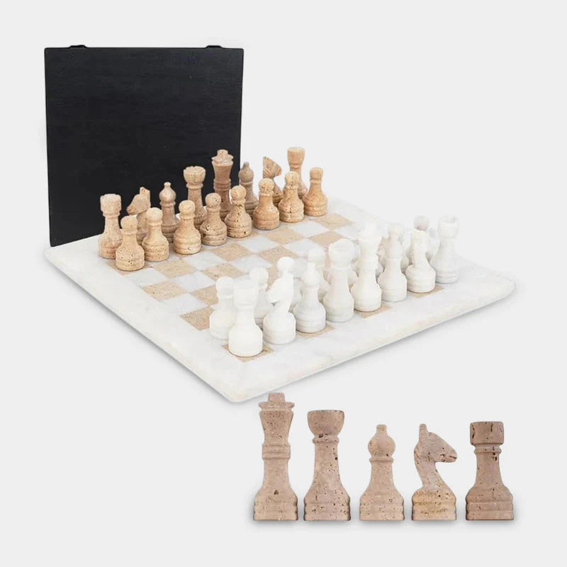 38cm Chess Set White & Travertine