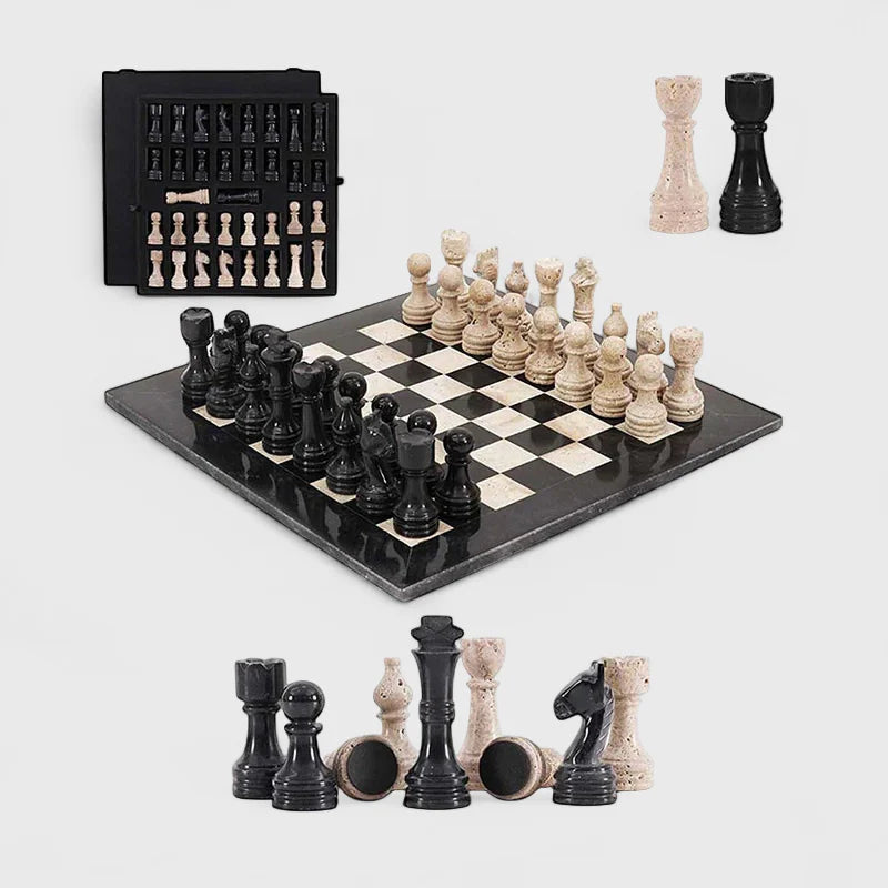 38cm Chess Set With Storage Box - Black & Travertine