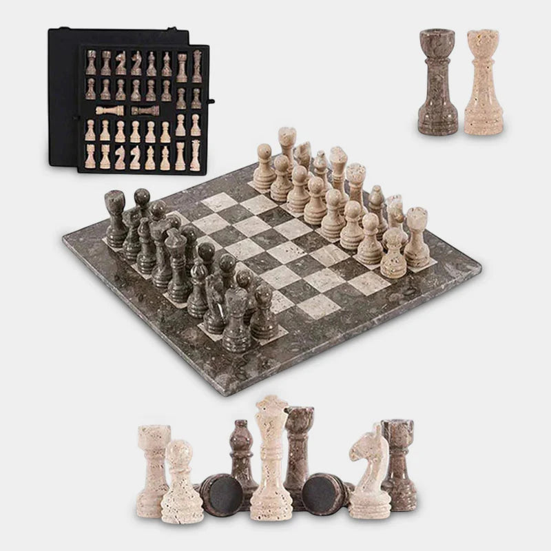 38cm Chess Set With Storage Box - Oceanic & Travertine