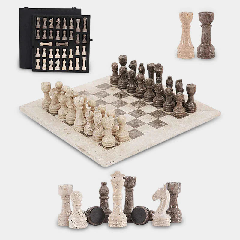 38cm Chess Set With Storage Box - Travertine & Oceanic