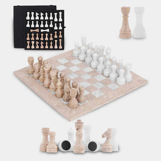 38cm Chess Set With Storage Box - Travertine & White