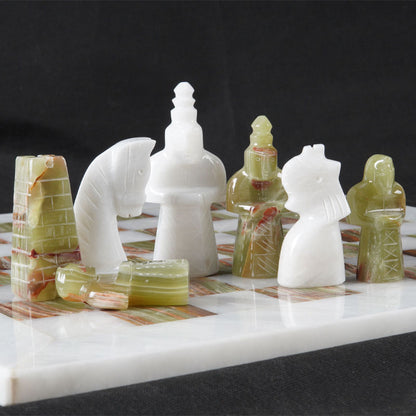 15" Artreestry Handmade Marble Chess Set White and Green Onyx with Chess Storage Box
