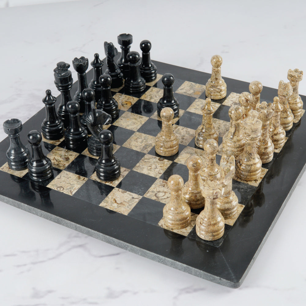 12" Artreestry Handmade Marble Chess Set Black and Fossil Coral