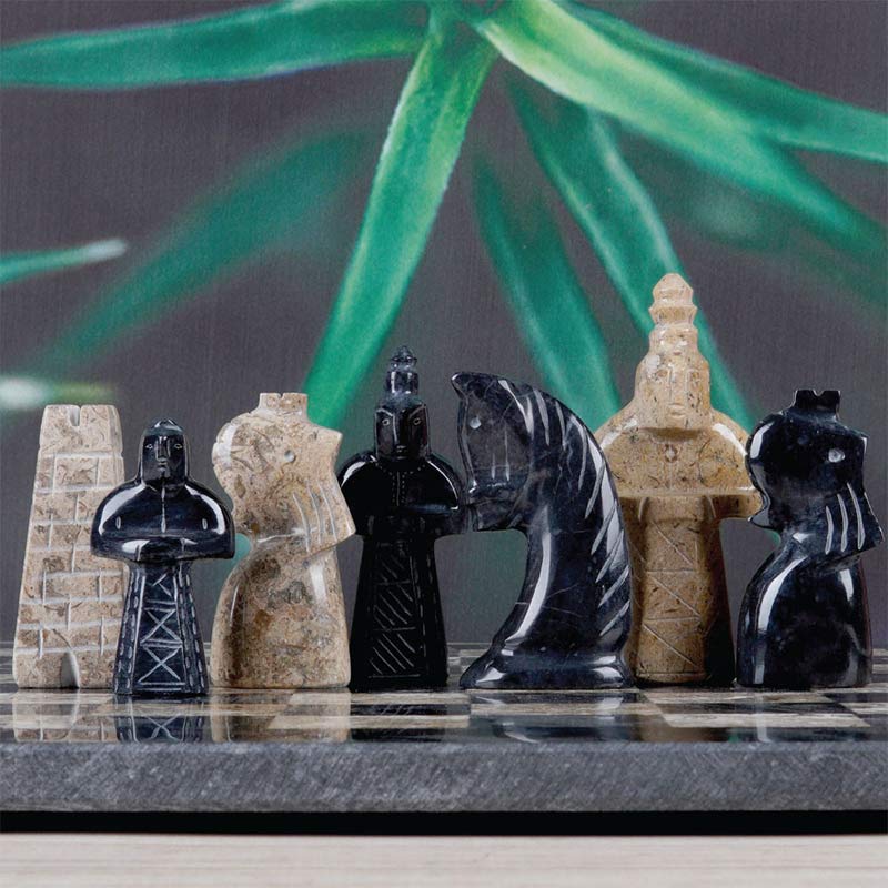 15" Artreestry Handmade Marble Chess Set Black and Coral Vintage with Chess Storage Box