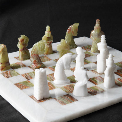 15" Artreestry Handmade Marble Chess Set White and Green Onyx with Chess Storage Box