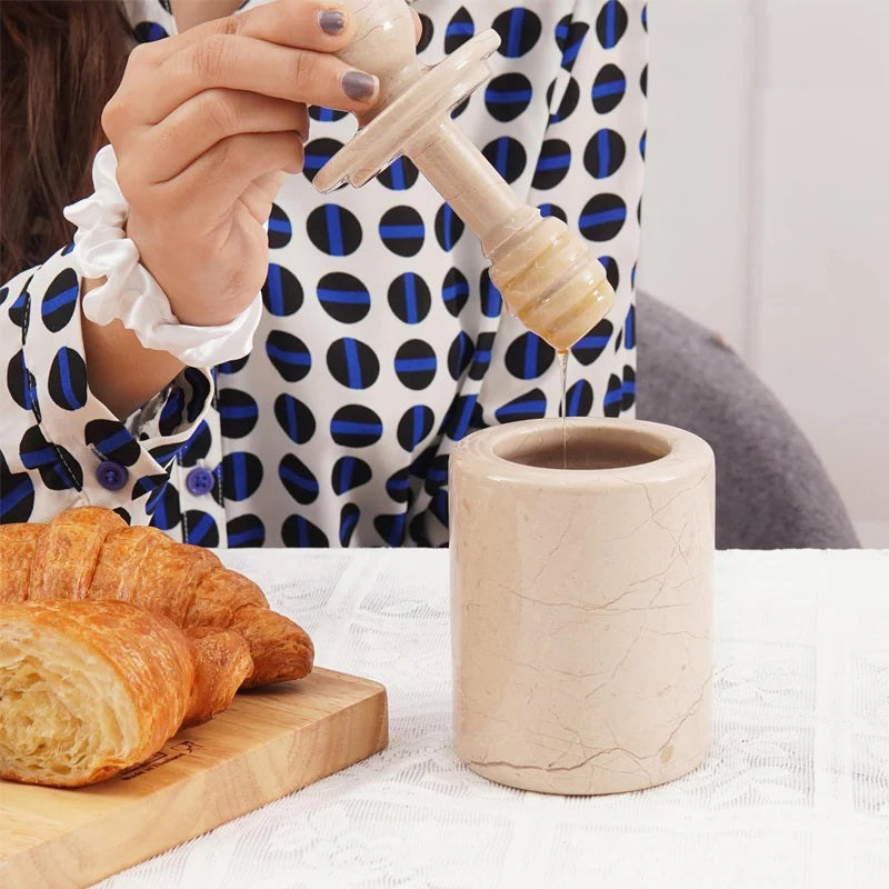 Artreestry Handmade Marble Honey Dispenser Jar with Dipper Lid