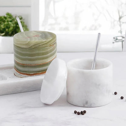 Artreestry Handmade Marble Salt Cellar Set of 2 with Lid, Spoon and Tray