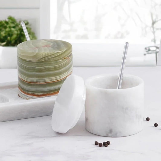 Artreestry Handmade Marble Salt Cellar Set of 2 with Lid, Spoon and Tray