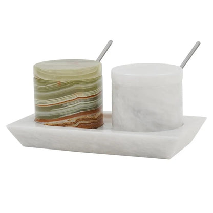 Artreestry Handmade Marble Salt Cellar Set of 2 with Lid, Spoon and Tray