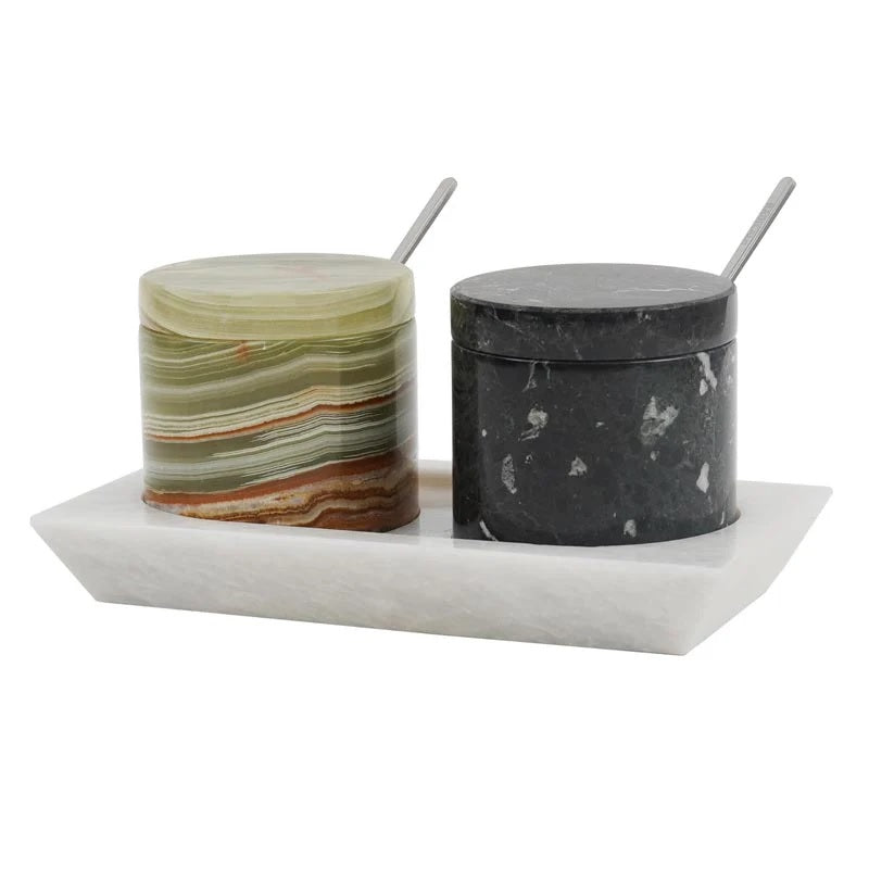 Artreestry Handmade Marble Salt Cellar Set of 2 with Lid, Spoon and Tray