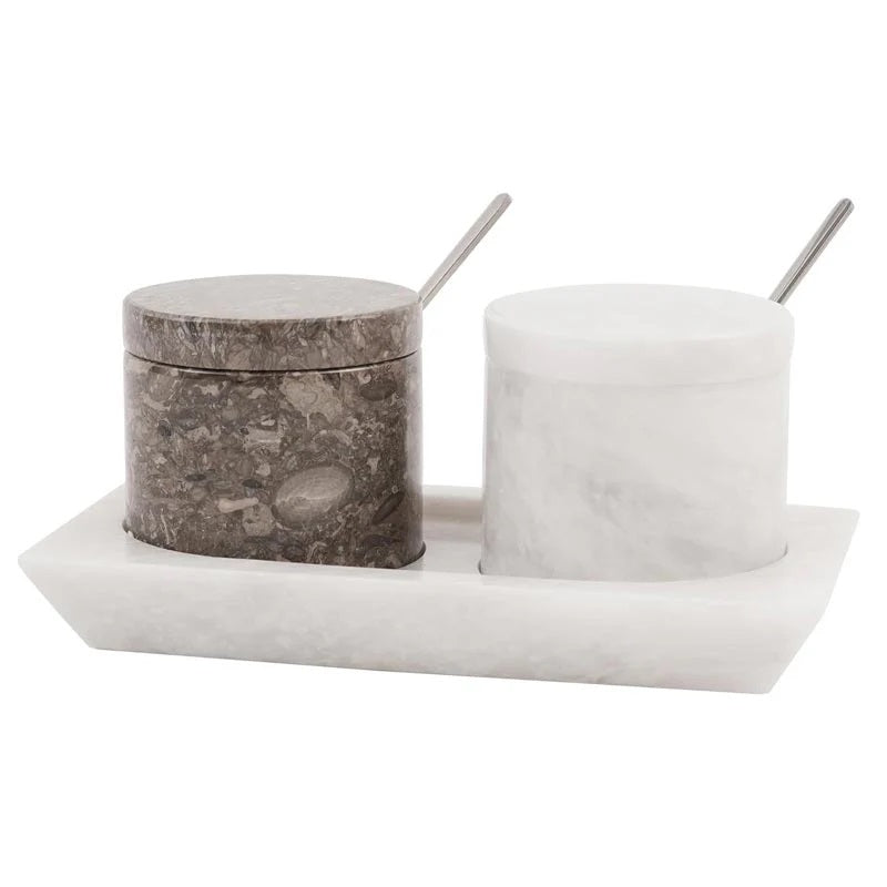 Artreestry Handmade Marble Salt Cellar Set of 2 with Lid, Spoon and Tray