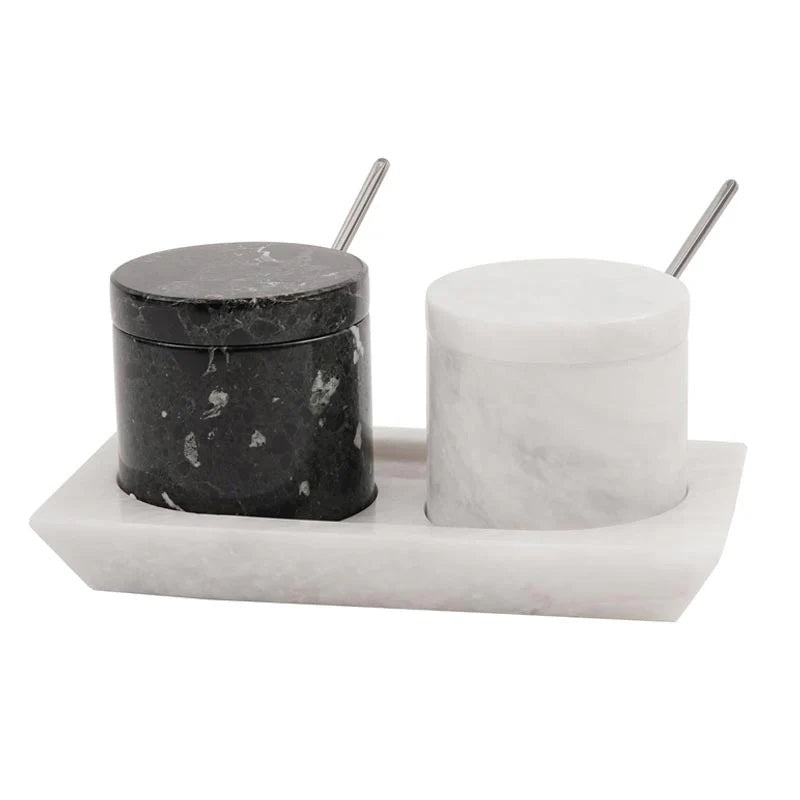 Artreestry Handmade Marble Salt Cellar Set of 2 with Lid, Spoon and Tray