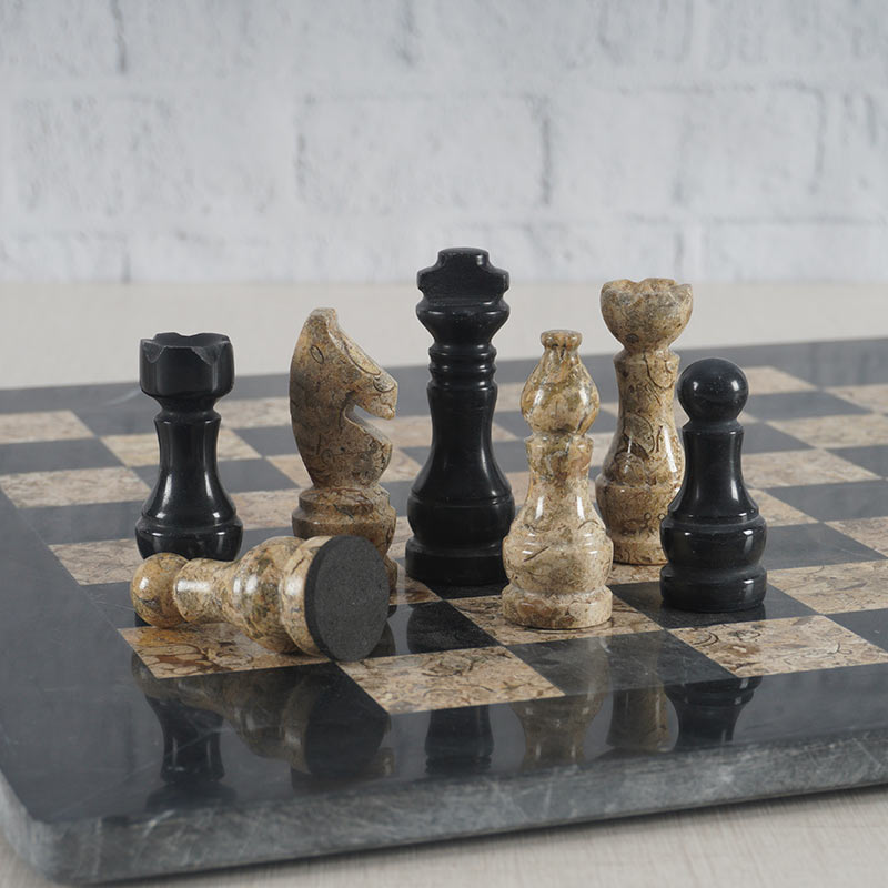 15" Artreestry Handmade Marble Chess Set Black and Fossil Corral