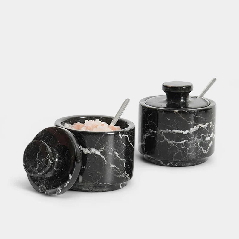 Handcrafted Marble Salt Cellar Set Of 2 With Spoons