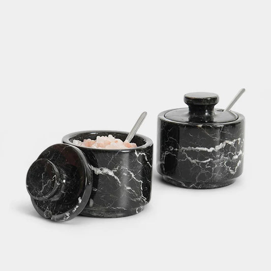 Handcrafted Marble Salt Cellar Set Of 2 With Spoons