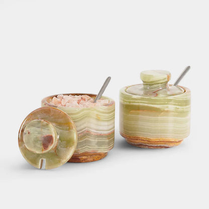 Handcrafted Marble Salt Cellar Set Of 2 With Spoons