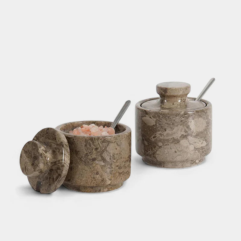 Handcrafted Marble Salt Cellar Set Of 2 With Spoons