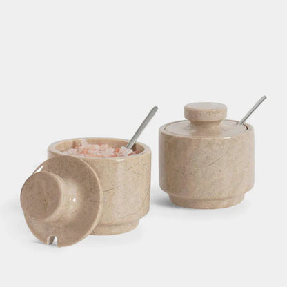 Handcrafted Marble Salt Cellar Set Of 2 With Spoons