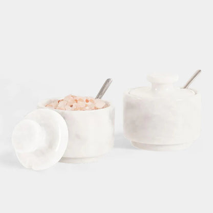 Handcrafted Marble Salt Cellar Set Of 2 With Spoons